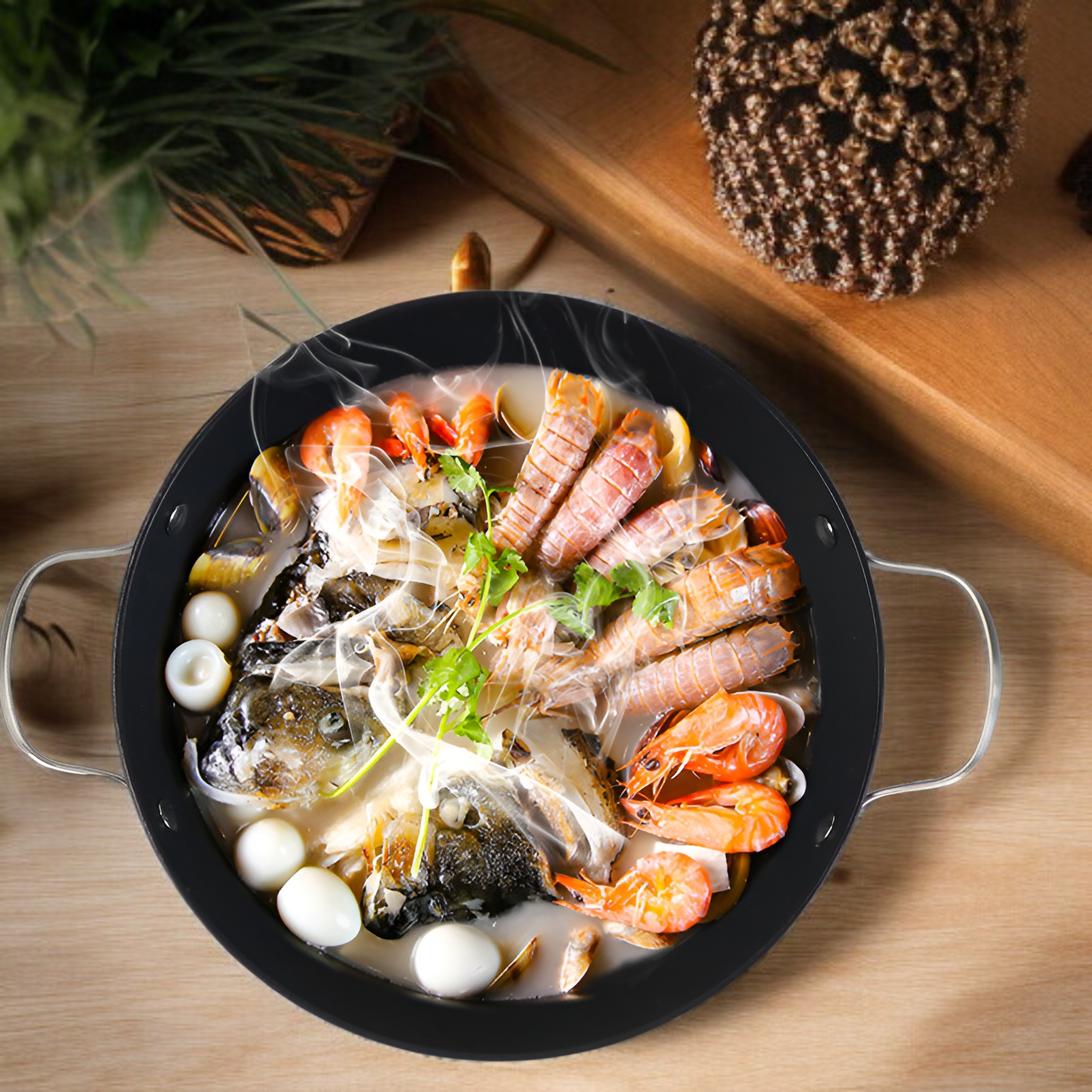 Shallow iron stew pan perfect for soups and stews