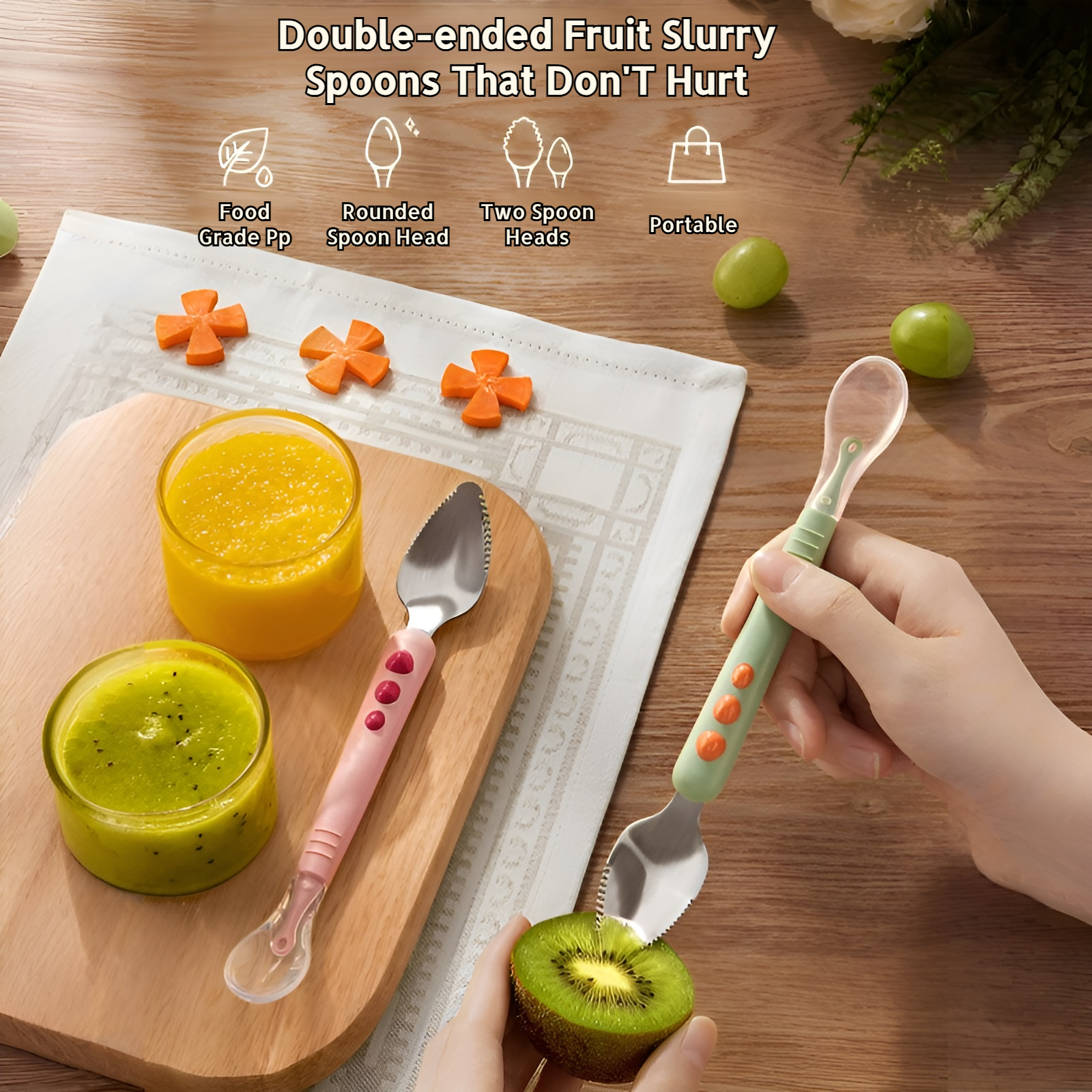 Stainless steel baby food silicone spoon on white background